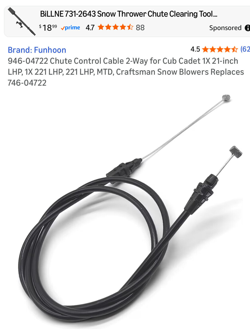 New Craftsman Snow Blower Chute Control 2 Way Cable